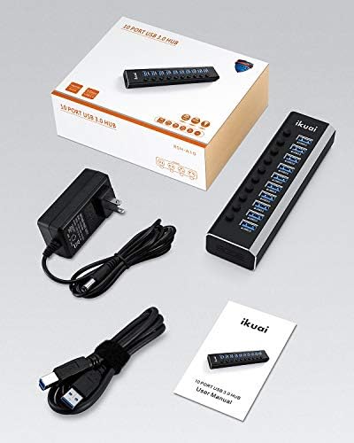 Hub USB de alumínio ikuai 10 port 10 port USB 3.0 Data Splitter com 12V/3A 36W Adaptador de energia e interruptores de ativação/desativação