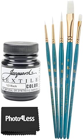 Tinta de tecido em cores têxteis jacquard, preto 2,25oz + pincel artista de Princeton, 5 peças