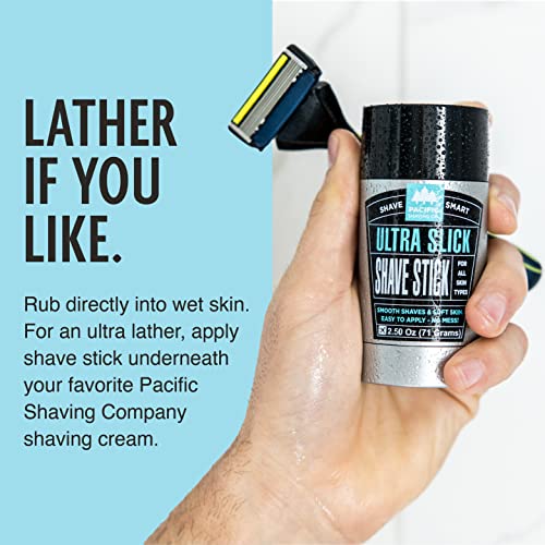 Pacific Shaving Company Ultra Slick Shave Stick - Sem bagunça de barbear corporal com óleo de coco hidratante - amigável para viagens,
