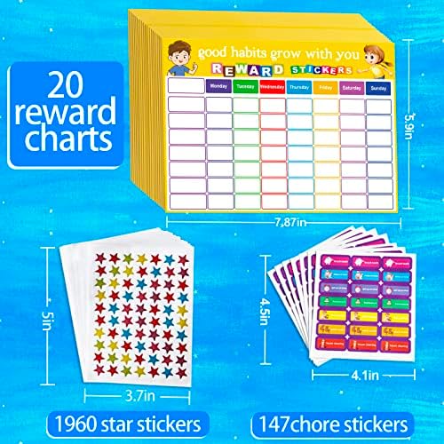 Gráfico de recompensa de comportamento - 20 gráficos de tarefas para crianças com 147 adesivos de tarefas e 1960 estrelas