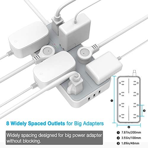 Protetor de pula de força, Tessan 6 pés de extensão de plugue plana, 8 pontos de venda e 3 portas USB, 1875W, 15A, 1080 Joules,