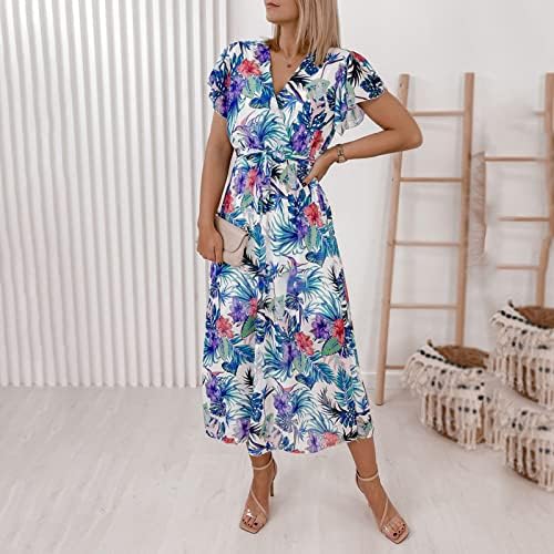 Vestidos para mulheres comprimentos midi mulheres estamadas de flores elegantes mangas com babados de moda vestidos de verão