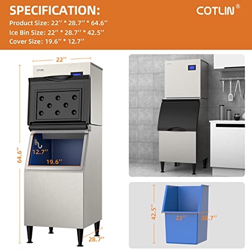 Cotlin Commercial Ice Maker Machine 400 lbs/24h com 350 libras de armazenamento grande, 22 Máquina de gelo modular industrial de