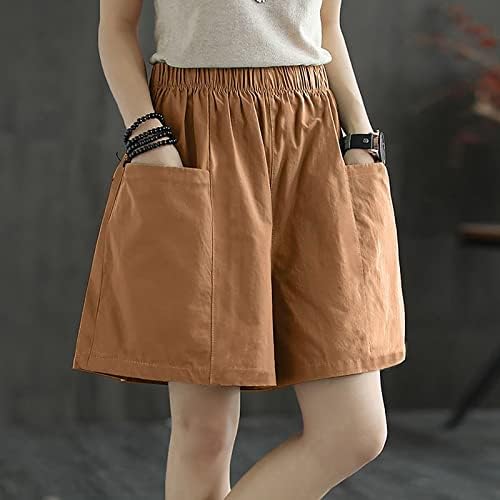 Xiaobu bermuda shorts femininos elásticos da cintura alta de pernas largas bolso bolso sólido linho de algodão casual solto