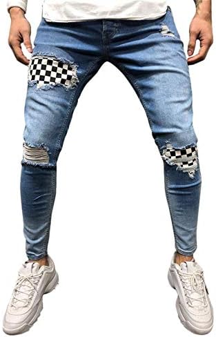 Jeans rasgados de Andongnywell Men Slim Fit forncing calças jeans angustiadas Jeans de perna com zíper com botão de zíper