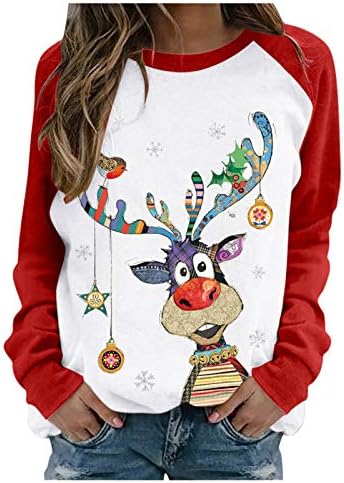 Camisas Feliz Natal para Mulheres Moletas de Manga Longa Camises Graphic Tees de Túnica para Leggings Camisas Casuais de Crew Neck