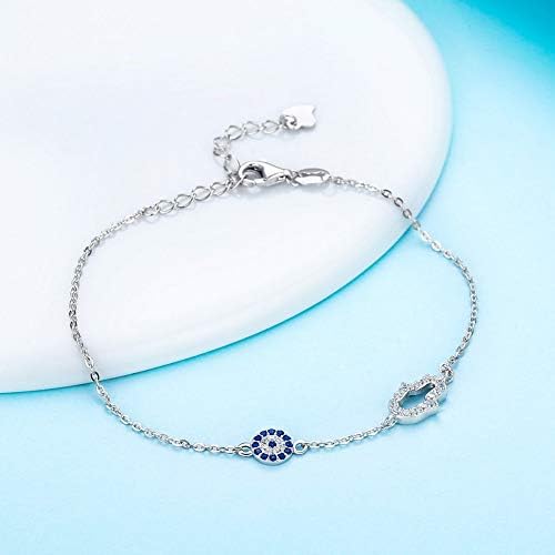 Kaletine Hamsa Mão de Fátima Pulseira Eal Eye Sterling Prata 925 Cadeia de zirconia cúbica azul ajustável 6,5 +1,5