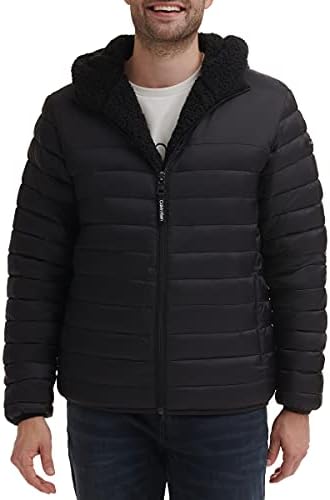 Calvin Klein Mens Lightweight Packable Down Jacket com babador de lã e capuz removível